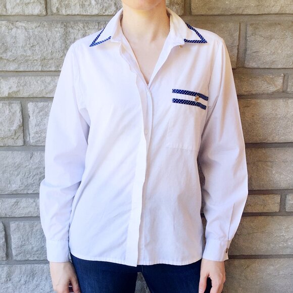 Vintage Blue Trimmed White Button Down Top - Picture 1 of 4